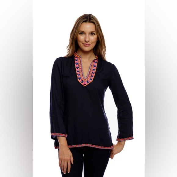 Ellie Kai Tops - Ellie Kai Navy Blue Colorful Embroidered Tunic Top Blouse Size xs